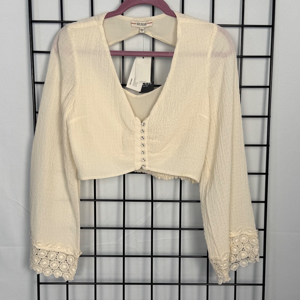 NWT Guess Maya Top Womens Small
Ivory Lace Trim Boho Open Back Festival Indie
